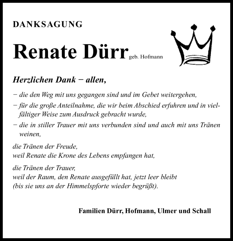 Traueranzeige für Renate Dürr vom 23.04.2011 aus Nürnberger Nachrichten
