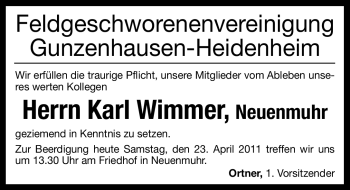 Traueranzeige von Karl Wimmer von Nürnberger Nachrichten