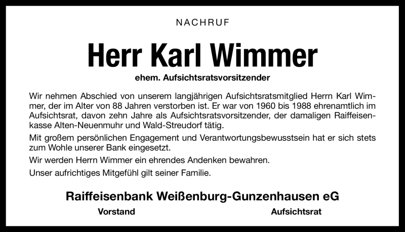  Traueranzeige für Karl Wimmer vom 23.04.2011 aus Nürnberger Nachrichten