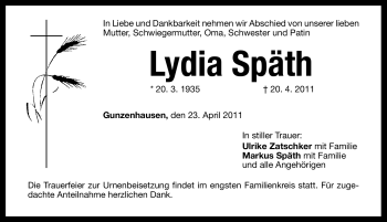 Traueranzeige von Lydia Späth von Nürnberger Nachrichten