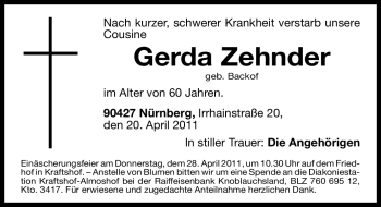 Traueranzeige von Gerda Zehnder von Nürnberger Nachrichten