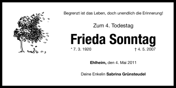 Traueranzeige von Frieda Sonntag von Nürnberger Nachrichten