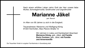 Traueranzeige von Marianne Jäkel von Nürnberger Nachrichten