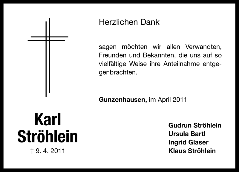  Traueranzeige für Karl Ströhlein vom 26.04.2011 aus Nürnberger Nachrichten
