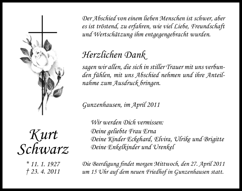  Traueranzeige für Kurt Schwarz vom 26.04.2011 aus Nürnberger Nachrichten