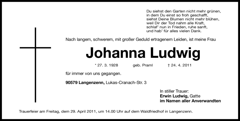 Traueranzeige für Johanna Ludwig vom 27.04.2011 aus Nürnberger Nachrichten