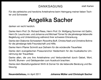 Traueranzeige von Angelika Sacher von Nürnberger Nachrichten