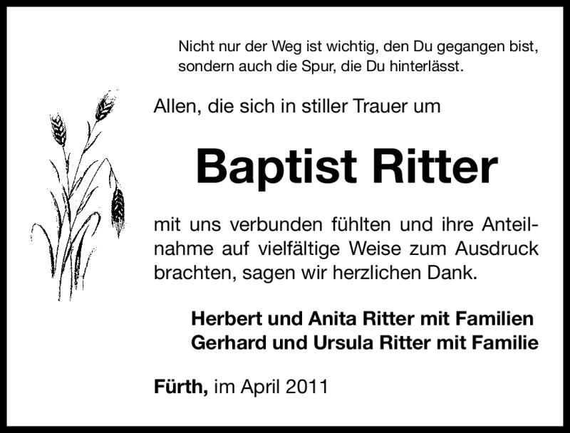  Traueranzeige für Baptist Ritter vom 27.04.2011 aus Nürnberger Nachrichten