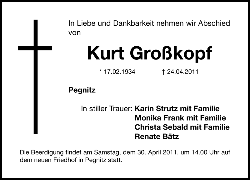  Traueranzeige für Kurt Großkopf vom 27.04.2011 aus Nürnberger Nachrichten