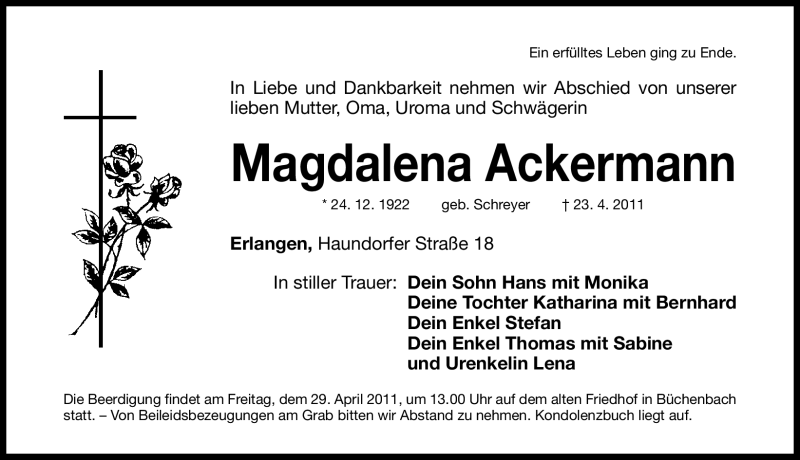  Traueranzeige für Magdalena Ackermann vom 27.04.2011 aus Nürnberger Nachrichten