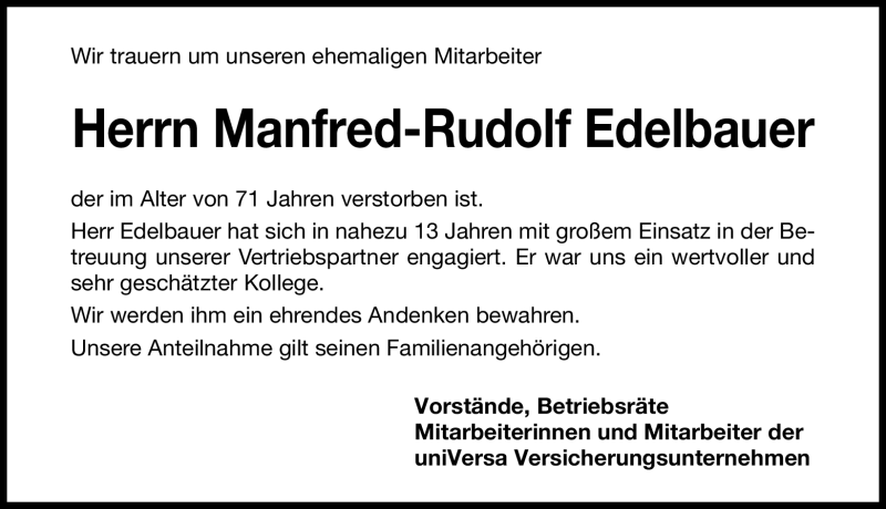  Traueranzeige für Manfred-Rudolf Edelbauer vom 27.04.2011 aus Nürnberger Nachrichten
