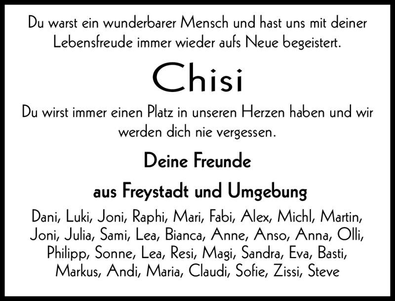  Traueranzeige für Chisi  vom 28.04.2011 aus Nürnberger Nachrichten