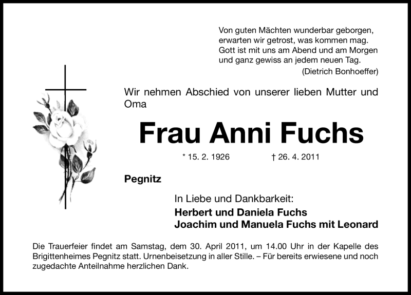  Traueranzeige für Anni Fuchs vom 28.04.2011 aus Nürnberger Nachrichten