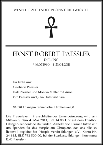 Traueranzeige von Ernst-Robert Paessler von Nürnberger Nachrichten