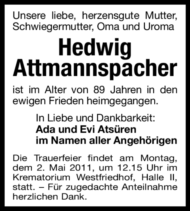  Traueranzeige für Hedwig Attmannspacher vom 30.04.2011 aus Nürnberger Nachrichten