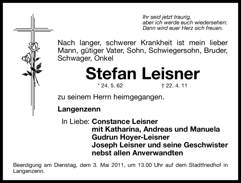  Traueranzeige für Stefan Leisner vom 30.04.2011 aus Nürnberger Nachrichten