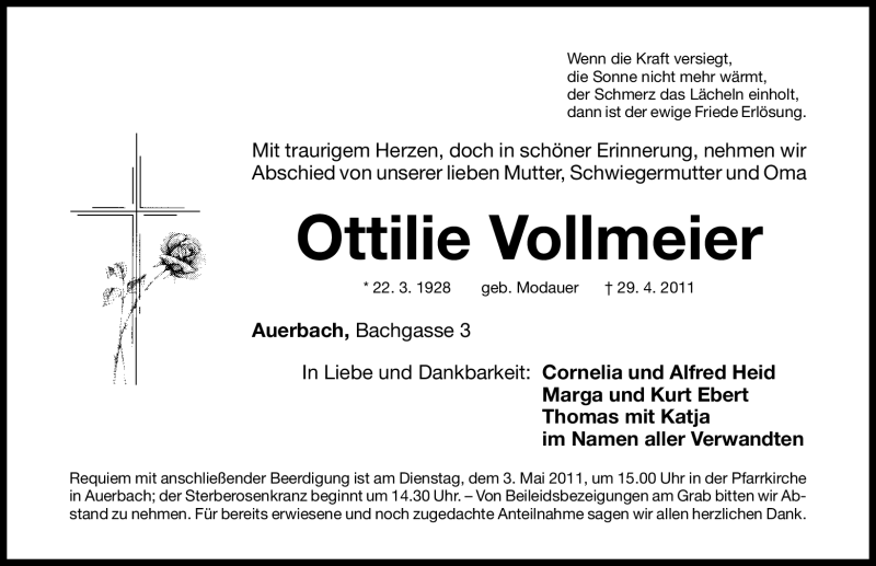  Traueranzeige für Ottilie Vollmeier vom 02.05.2011 aus Nürnberger Nachrichten