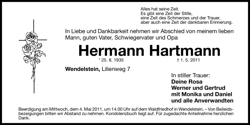  Traueranzeige für Hermann Hartmann vom 02.05.2011 aus Nürnberger Nachrichten