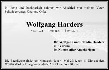 Traueranzeige von Wolfgang Harders von Nürnberger Nachrichten