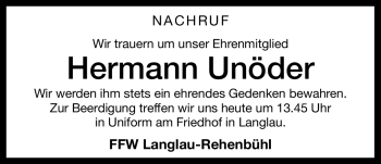 Traueranzeige von Hermann Unöder von Nürnberger Nachrichten
