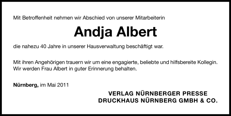  Traueranzeige für Andja Albert vom 03.05.2011 aus Nürnberger Nachrichten