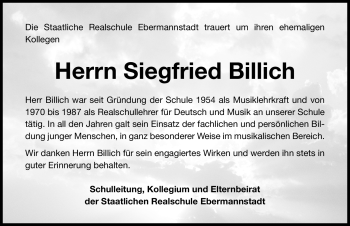 Traueranzeige von Siegfried Billich von Nürnberger Nachrichten