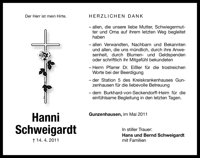  Traueranzeige für Hanni Schweigardt vom 04.05.2011 aus Nürnberger Nachrichten