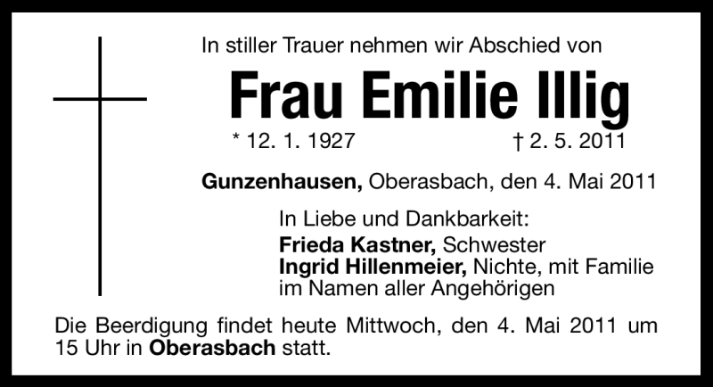  Traueranzeige für Emilie Illig vom 04.05.2011 aus Nürnberger Nachrichten