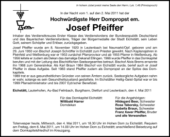 Traueranzeige von Josef Pfeiffer von Nürnberger Nachrichten