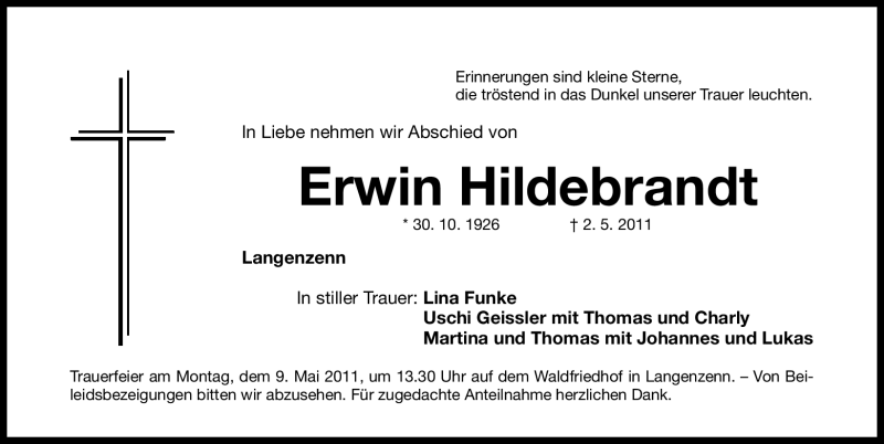  Traueranzeige für Erwin Hildebrandt vom 06.05.2011 aus Nürnberger Nachrichten