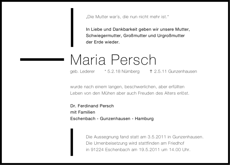  Traueranzeige für Maria Persch vom 05.05.2011 aus Nürnberger Nachrichten