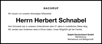 Traueranzeige von Herbert Schnabel von Nürnberger Nachrichten