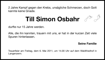 Traueranzeige von Till Simon Osbahr von Nürnberger Nachrichten