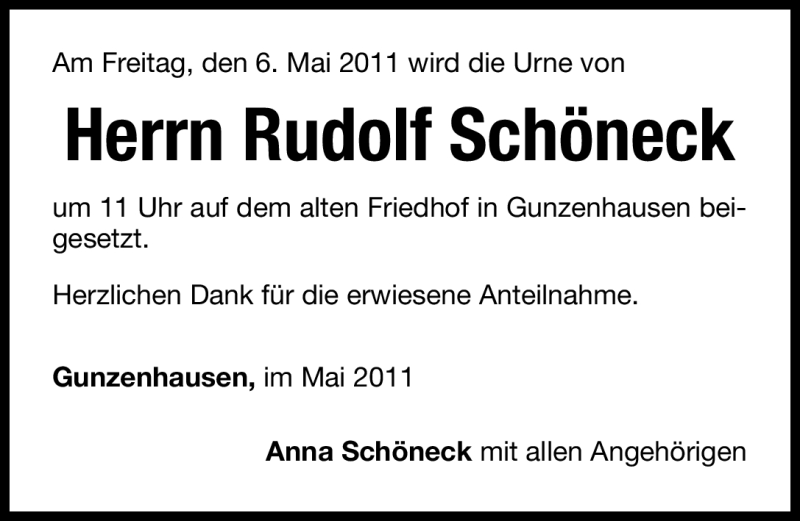  Traueranzeige für Rudolf Schöneck vom 05.05.2011 aus Nürnberger Nachrichten