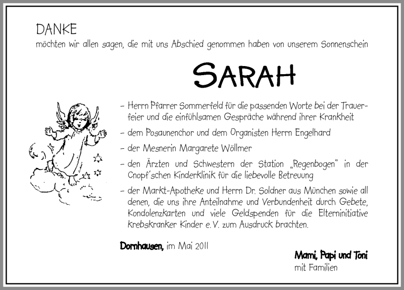  Traueranzeige für Sarah  vom 07.05.2011 aus Nürnberger Nachrichten