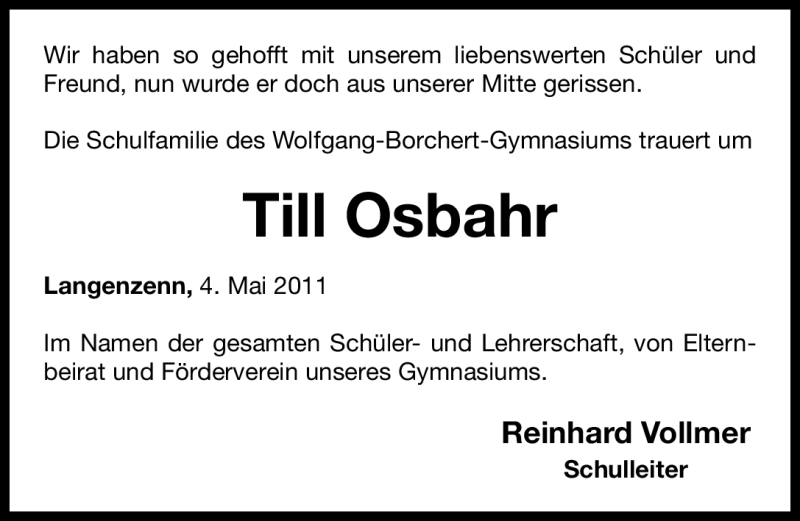  Traueranzeige für Till Osbahr vom 06.05.2011 aus Nürnberger Nachrichten