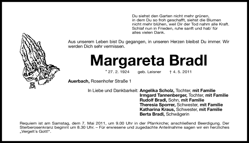  Traueranzeige für Margareta Bradl vom 06.05.2011 aus Nürnberger Nachrichten