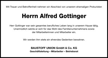 Traueranzeige von Alfred Gottinger von Nürnberger Nachrichten