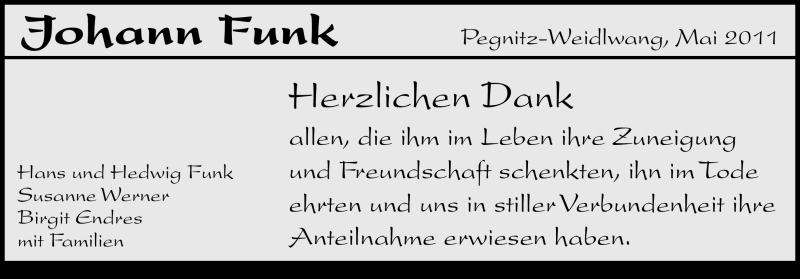  Traueranzeige für Johann Funk vom 07.05.2011 aus Nürnberger Nachrichten