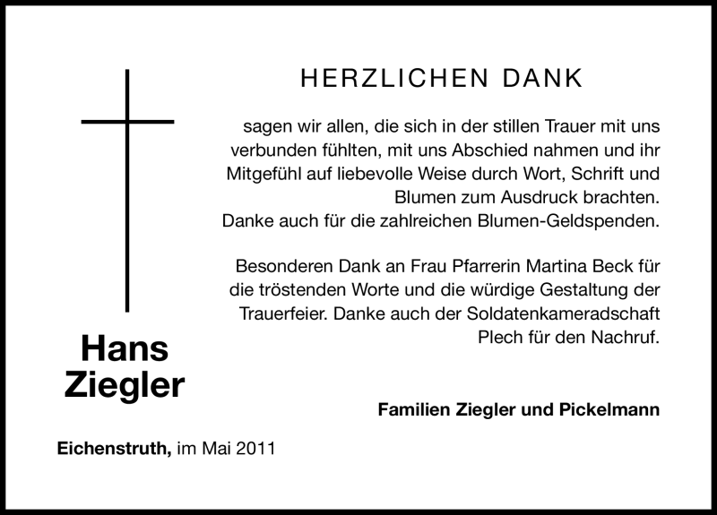  Traueranzeige für Hans Ziegler vom 07.05.2011 aus Nürnberger Nachrichten