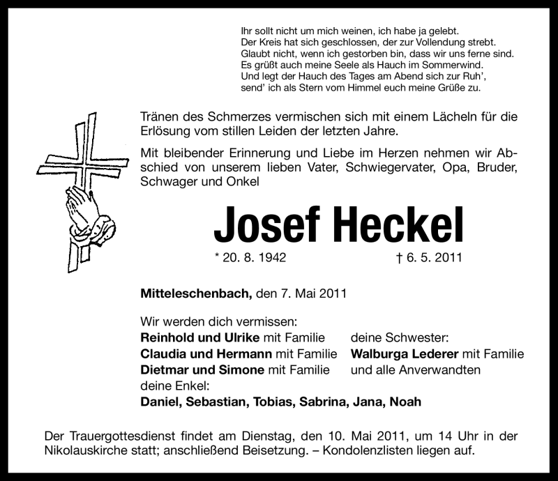 Traueranzeigen von Josef Heckel trauer.nn.de