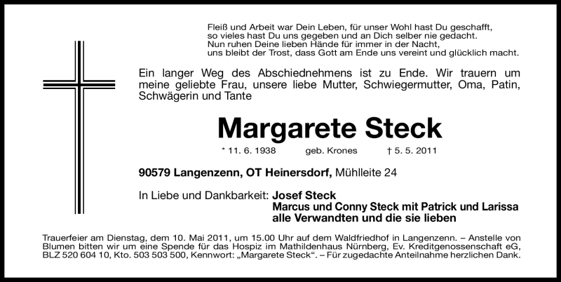  Traueranzeige für Margarete Steck vom 07.05.2011 aus Nürnberger Nachrichten