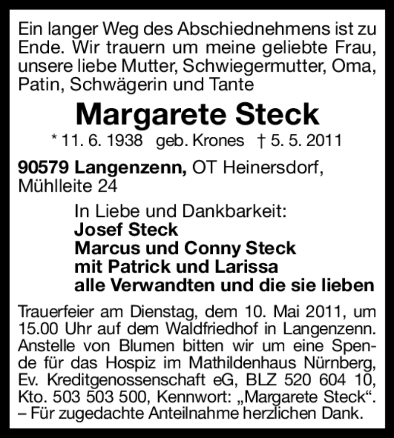  Traueranzeige für Margarete Steck vom 07.05.2011 aus Nürnberger Nachrichten