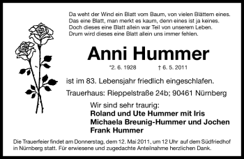 Traueranzeige von Anni Hummer von Nürnberger Nachrichten