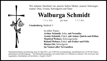 Traueranzeige von Walburga Schmidt von Nürnberger Nachrichten