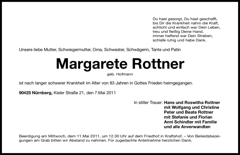  Traueranzeige für Margarete Rottner vom 09.05.2011 aus Nürnberger Nachrichten