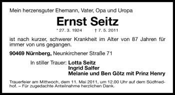 Traueranzeige von Ernst Seitz von Nürnberger Nachrichten