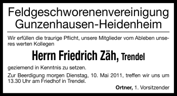 Traueranzeige von Friedrich Zäh von Nürnberger Nachrichten
