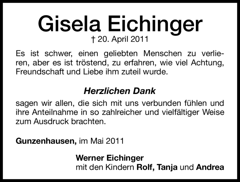  Traueranzeige für Gisela Eichinger vom 10.05.2011 aus Nürnberger Nachrichten