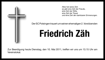 Traueranzeige von Friedrich Zäh von Nürnberger Nachrichten
